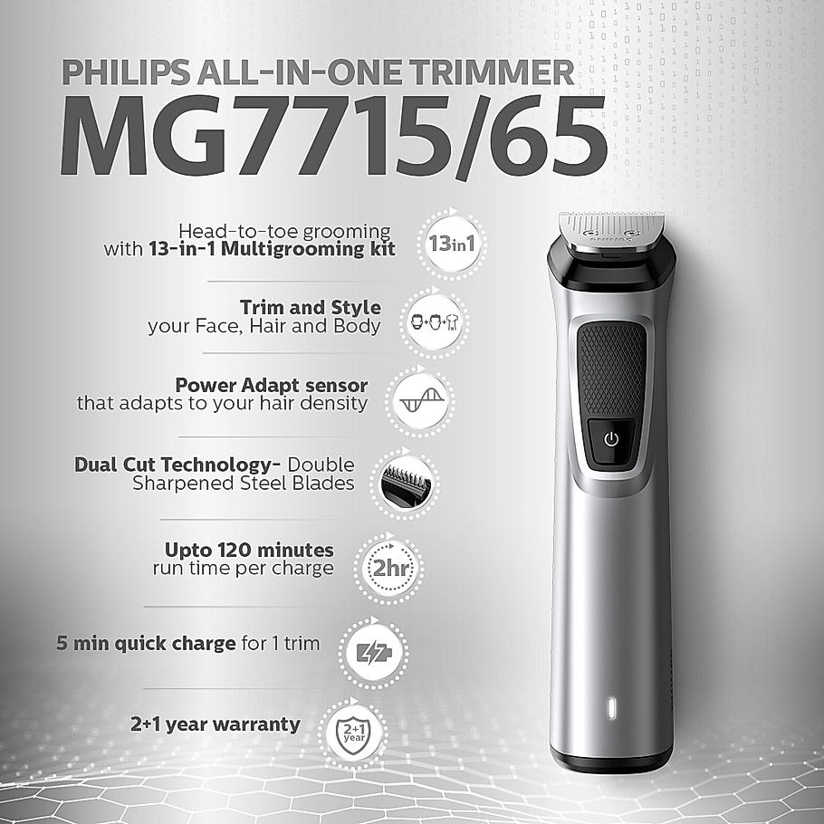 PHILIPS Series 7000 Multigroom Face, Body and Private Parts Patented Twin Trim Blades, 13 in 1 I Precision Trimming | 120 mins. runtime (MG7715/65)