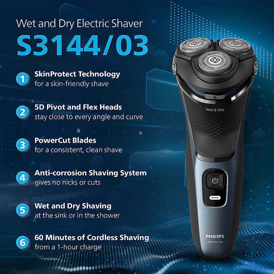 Philips Electric Shaver for Men | SkinProtect Technology, Wet and Dry Shave | 5D Floating Heads | 27 Self Sharpening Blades | Pop up Trimmer | Cordless | Waterproof | 3000 Series | S3144/03