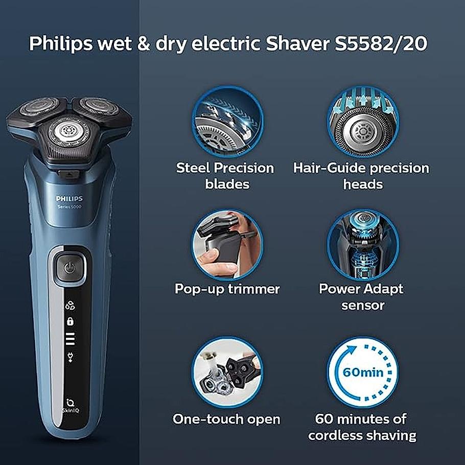 Philips Electric Shaver- SenseIQ Technology Power Adapt Sensor | 360° Flexing heads Integrated pop up trimmer I 90K cutting action per minute | Wet & Dry Shave | 5000 Series | S5582/20