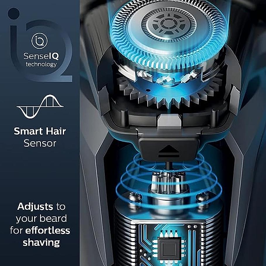 Philips Electric Shaver- SenseIQ Technology Power Adapt Sensor | 360° Flexing heads Integrated pop up trimmer I 90K cutting action per minute | Wet & Dry Shave | 5000 Series | S5582/20