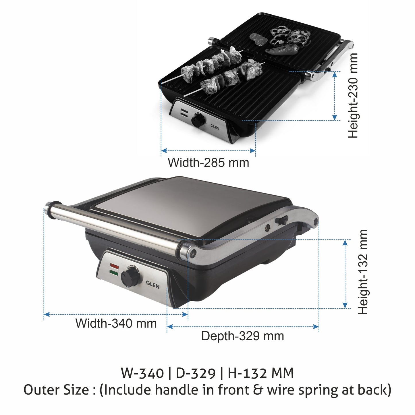 Electric Contact Grill & Sandwich Maker with 180-degree opening, Non-Stick Plates, 2000w - Silver (3031)