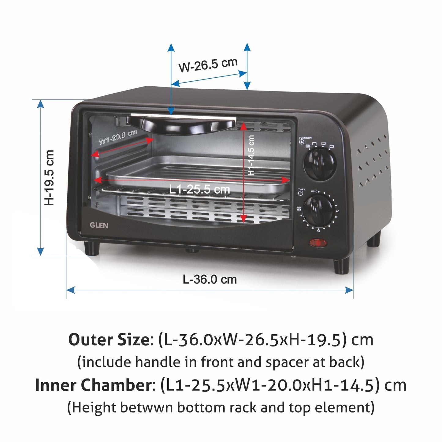 GLEN 9L Toaster Griller | 800W Quartz Heating Elements – 4 Function Selector, Safety Cut-Off at 225°C | Ideal for Baking, Grilling, Toasting & Roasting – Black (5009)