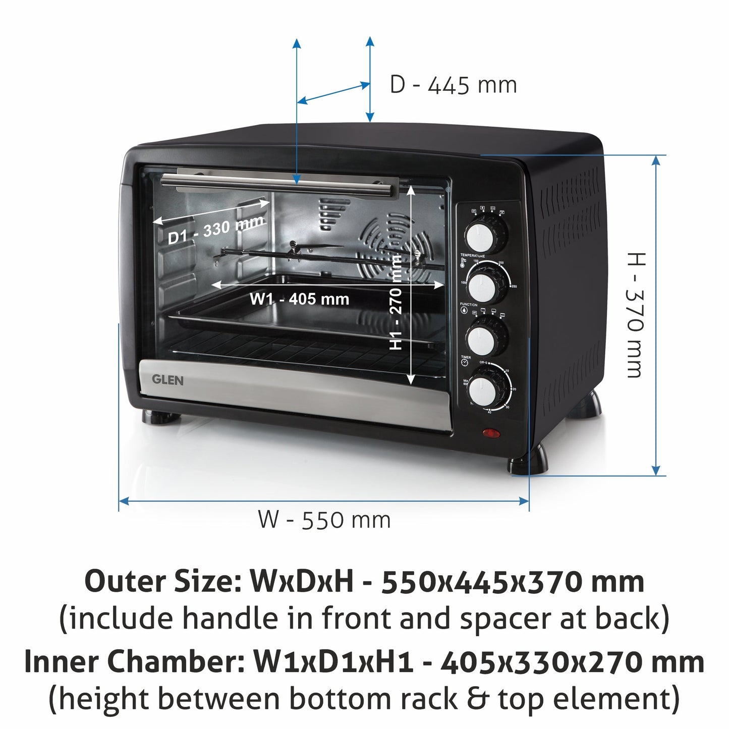 GLEN Oven Toaster Griller (OTG) -48 Litres | Full Back Convection, Motorized Rotisserie, Ideal for Cooking, Baking & Roasting| 2000W - Black (5048RC)