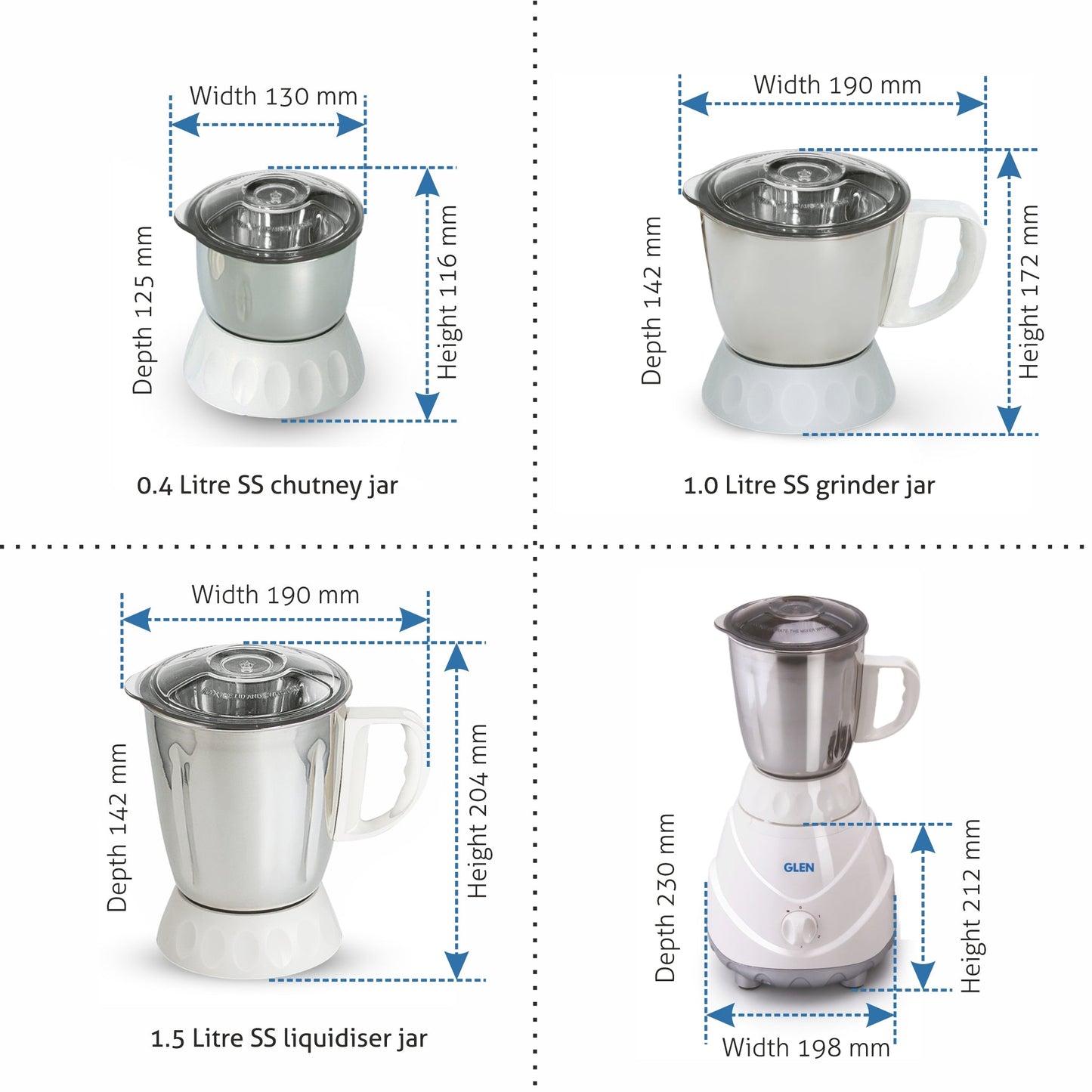 Mixer Grinder 750W 100% Copper Motor, 3 Stainless Steel Liquidiser, Grinder and Chutney Jars - White (4022)