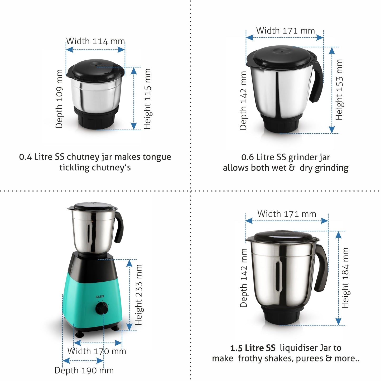 Mixer Grinder 500W with 3 Stainless Steel Liquidiser, Grinder and Chutney Jars - Black & Green (4023)