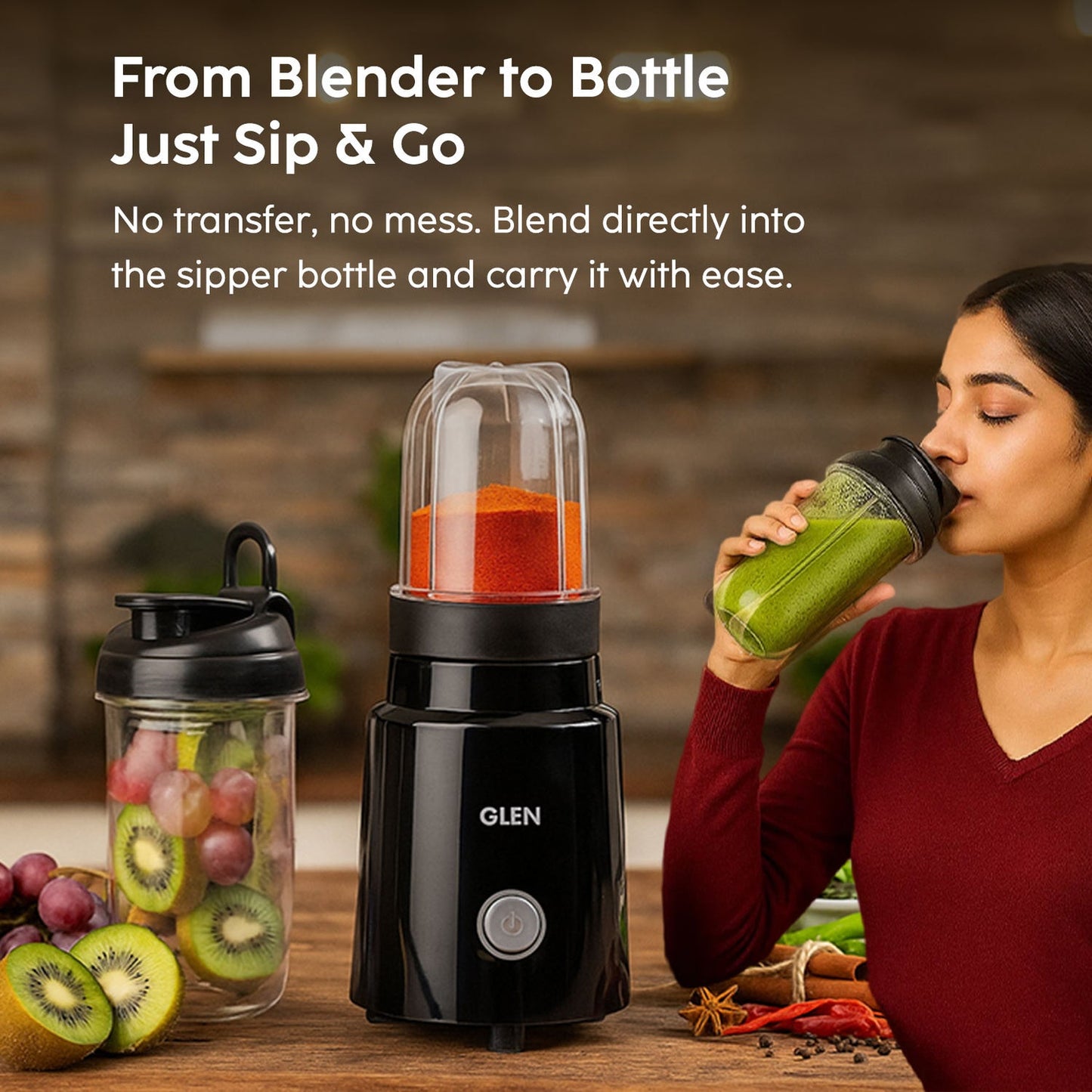 GLEN Active-Blender, 350W Grinder Blender, 2 Unbreakable Food Grade Jars with Sipper Cap (SA4048NSIP)