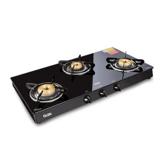 GLEN 3 Burner PNG Glass Gas Stove with High Flame Brass Burner (CT1038GTBBBLPN)