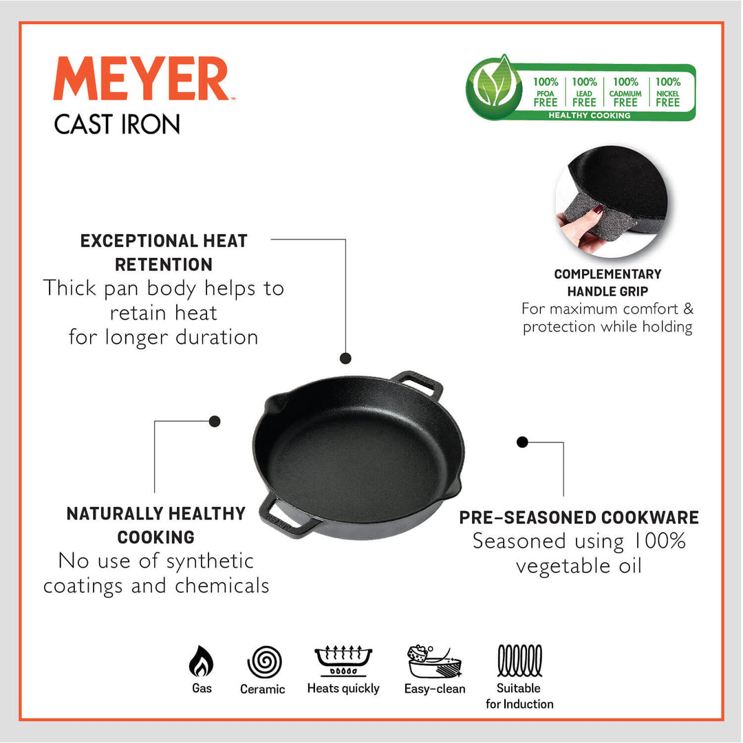 Meyer Pre Seasoned Cast Iron 2 Piece cookware Set (24cm Skillet + 28cm Flat Dosa tawa)
