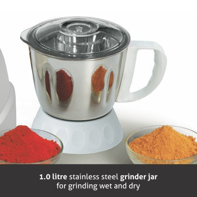 Mixer Grinder 750W 100% Copper Motor, 1 Transparent Jar, 3 Stainless Steel Jars, - White (4022 PLUS)