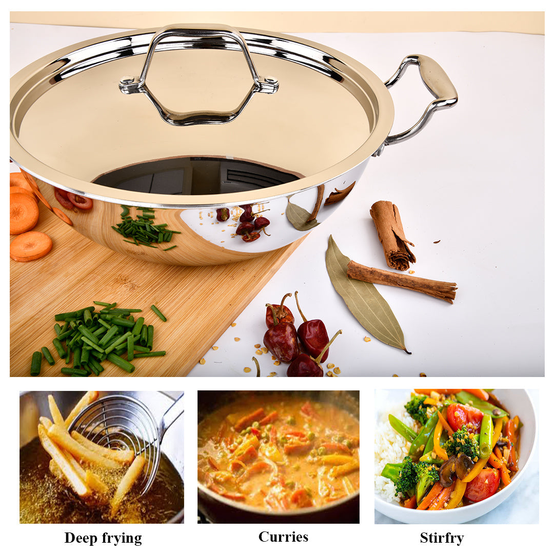 Maxima Triply Stainless Steel Kadai with Lid (Induction Friendly)