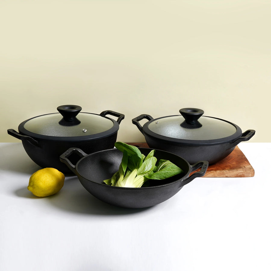 Meyer Pre Seasoned Cast Iron curved Kadai without Lid (Multiple Sizes)
