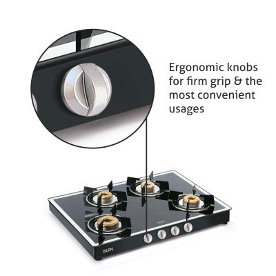 4 Burner Glass Gas Stove Mirror Finish 1 High Flame 3 Forged Brass Burner 70 CM Black (1048 GT FBM BL)