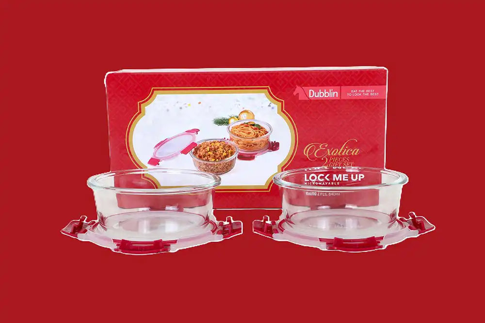 DUBBLIN Exotica 2 Pcs gift set | Oven Safe | Premium Round Glass Containers | Gift Set | Borosilicate Containers (2 x 640ml)
