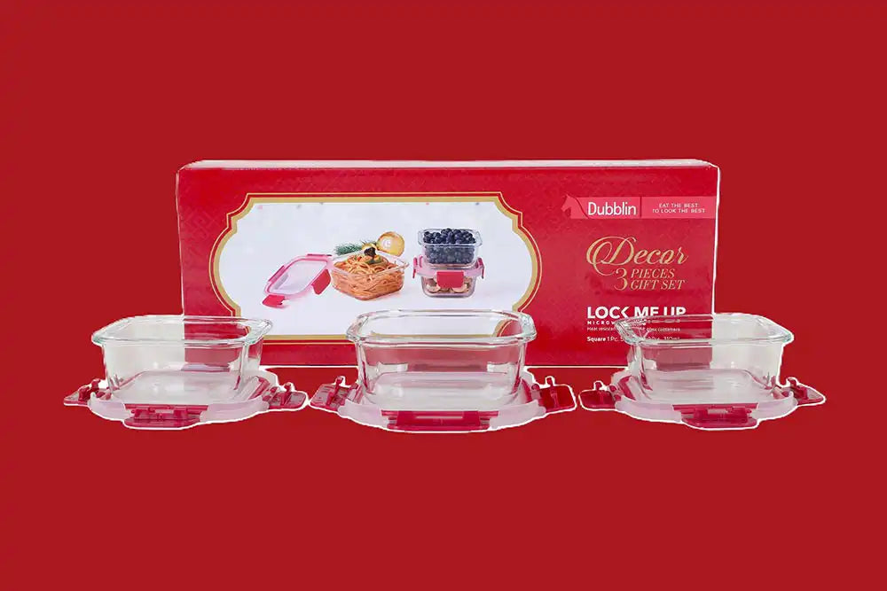 DUBBLIN Decor 3 Pcs gift set | Oven Safe | Premium Square Glass Containers | Gift Set | Borosilicate Containers (1 x 530ml, 2 x 310ml)