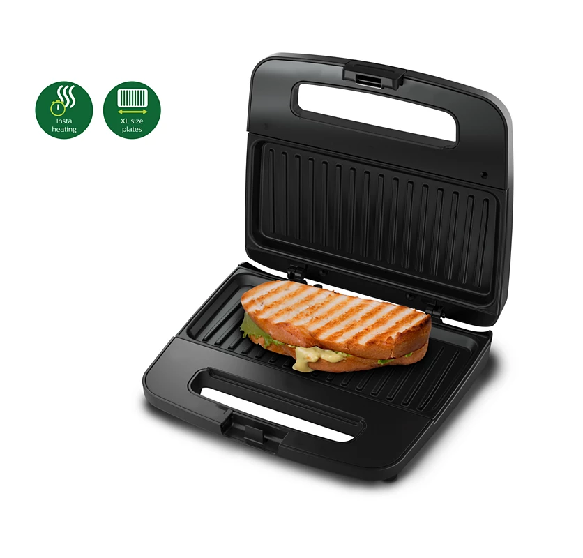 PHILIPS Viva Collection 1.8kg Panini Maker | XL size plates, Secured locking, Insta Heating & Non-stick plates (HD2289/00)