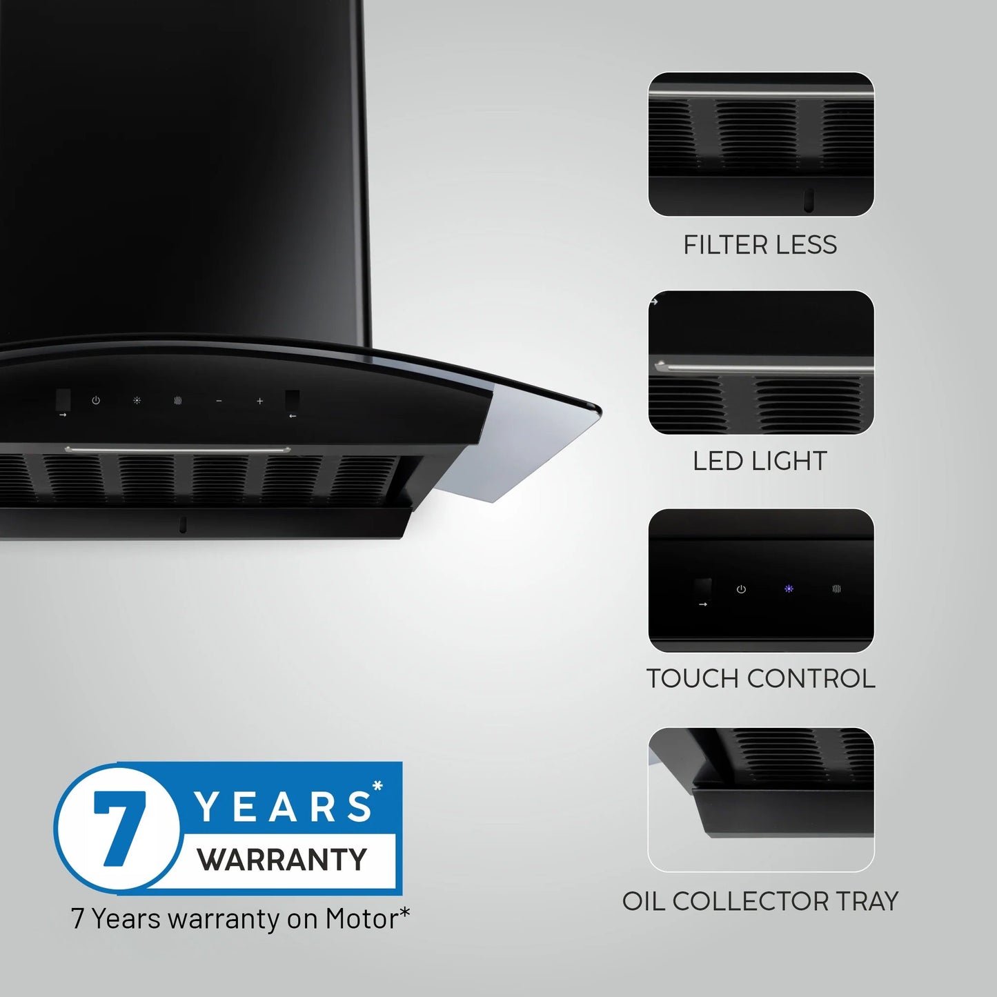 Auto Clean Curved Glass Filter less Kitchen Chimney with Motion Sensor 60/76/90cm, 1200 m3/h (6058 BL Auto Clean)