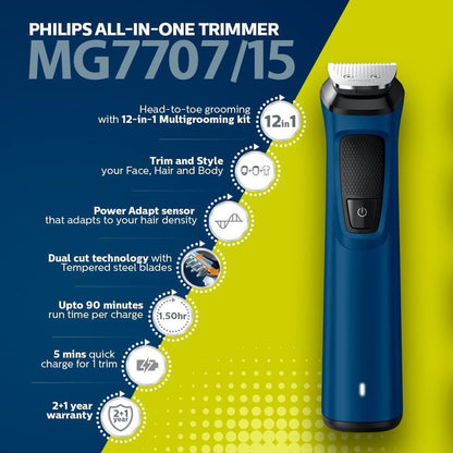 PHILIPS Series 7000 Multigroom Face, Body and Private Parts, Patented Twin Trim Blades, 12 in 1 I Precision Trimming | 90 mins. Run Time (MG7707/15)