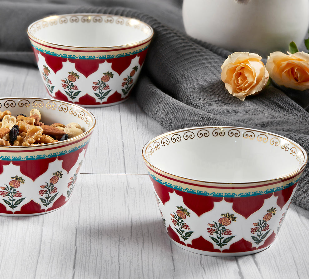 Claycraft India Circus Blushed Orchard Nikko Bowl Set of 3 | 22k Gold Accents (470ml)