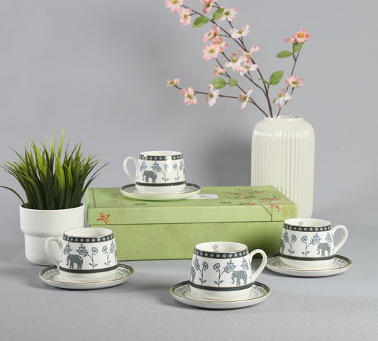 Claycraft India Circus Gardenia Dreams Cup and Saucer Set of 8 | 22k Gold Accents (220ml)