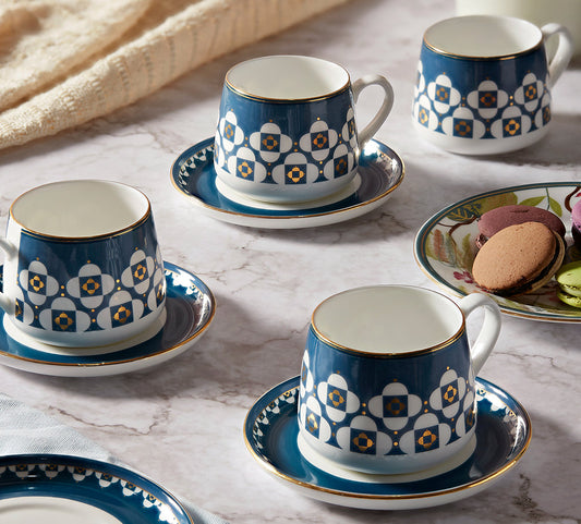 Claycraft India Circus Oceanic Opulence Cup and Saucer Set of 8 | 22k Gold Accents (280ml)