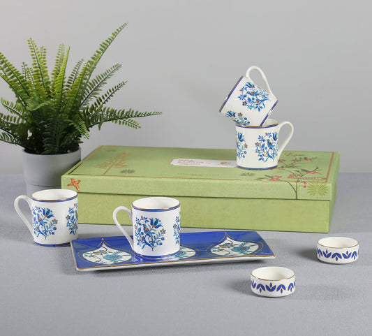 Claycraft India Circus Botanical Elegance Snack Platter & Coffee Mug Set 7-Pcs | 22k Gold Accents Mugs (220ml) / Dip Bowl (60ml)