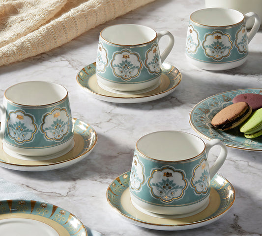 Claycraft India Circus Regal Romance Cup and Saucer Set of 8 | 22k Gold Accents (280ml)