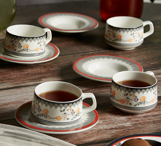 Claycraft India Circus Floral Fountain Cup & Saucer Set of 12 (6 Cups + 6 Saucer) | 22k Gold Accents (180ml)