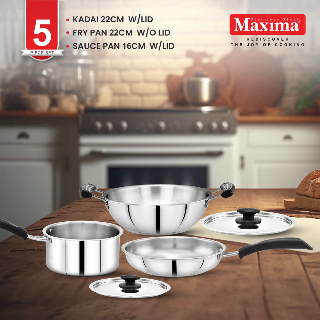 Maxima Triply Stainless Steel 5 Pcs Set (Kadai 22cm, Fry pan 22cm, Saucepan 16cm)