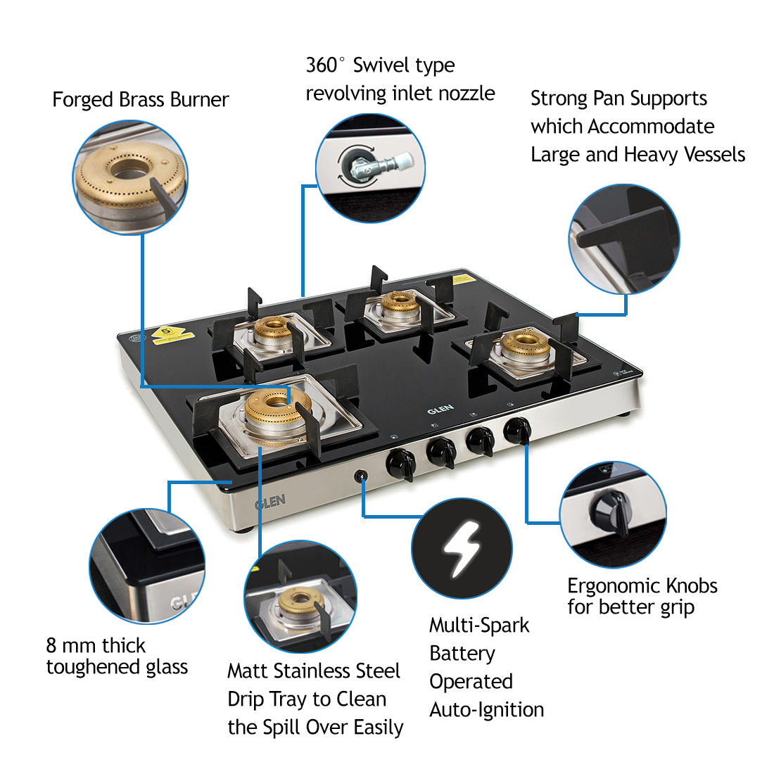 4 Burner Glass Gas Stove 1 High Flame 3 Forged Brass Burner Auto Ignition 70 CM (1048 GT SQFBAI)