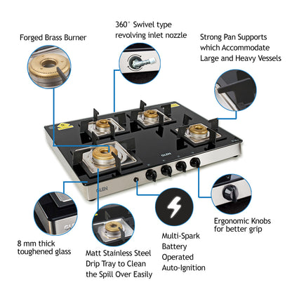 4 Burner Glass Gas Stove 1 High Flame 3 Forged Brass Burner Auto Ignition 70 CM (1048 GT SQFBAI)