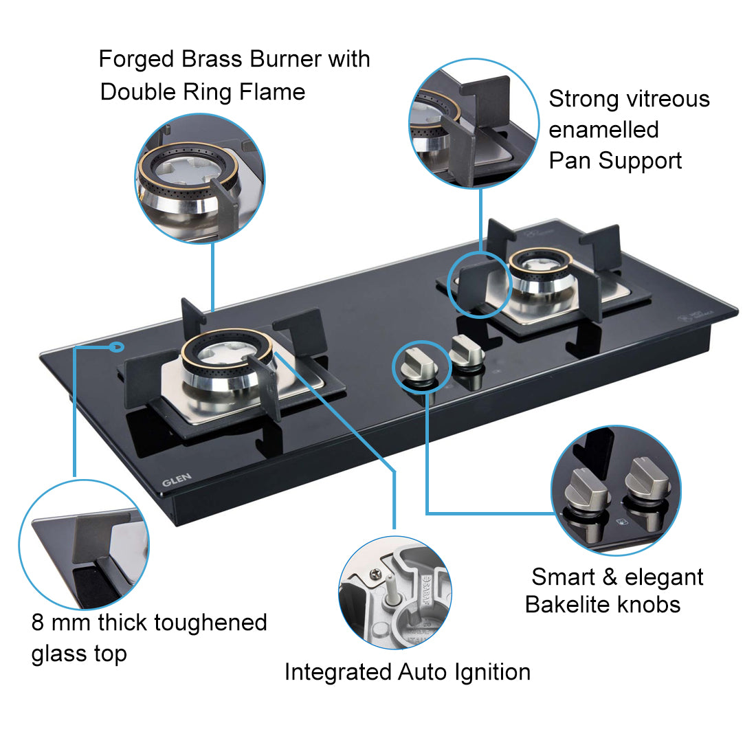 2 Burner Glass Hob Top with with Double Ring Forged Brass Burners Auto Ignition Black (66)