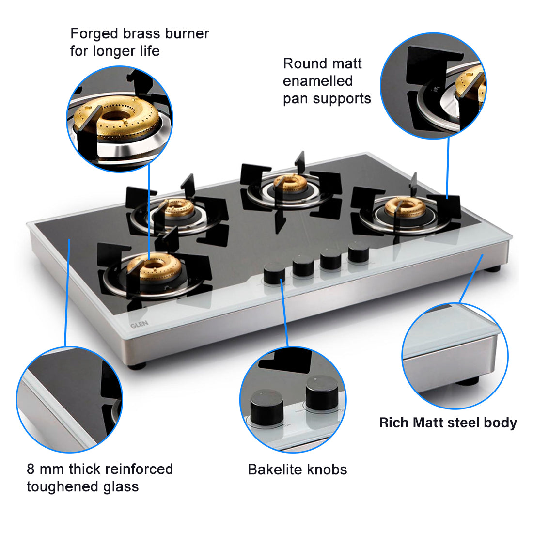 4 Burner Free Standing Glass Hob SS Frame Forged Brass Burner (1074 FSFB BW)