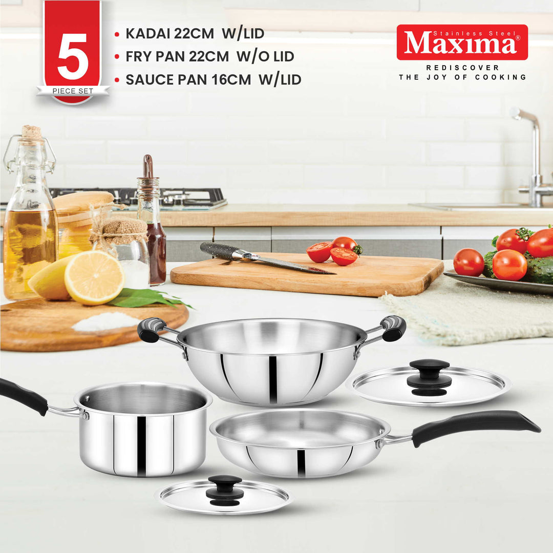 Maxima Triply Stainless Steel 5 Pcs Set (Kadai 22cm, Fry pan 22cm, Saucepan 16cm)