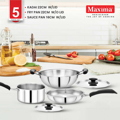 Maxima Triply Stainless Steel 5 Pcs Set (Kadai 22cm, Fry pan 22cm, Saucepan 16cm)