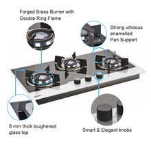 3 Burner Glass Hob Top with Double Ring Forged Brass Burners Auto Ignition (1073 HT BW)