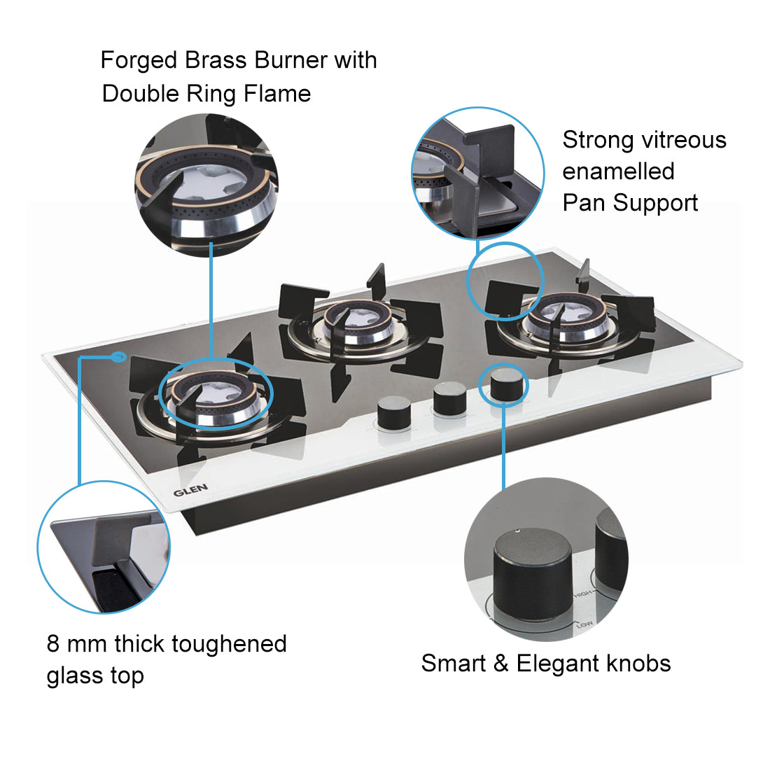 Black & White 3 Burner Glass Hob Top 73 CM Wide