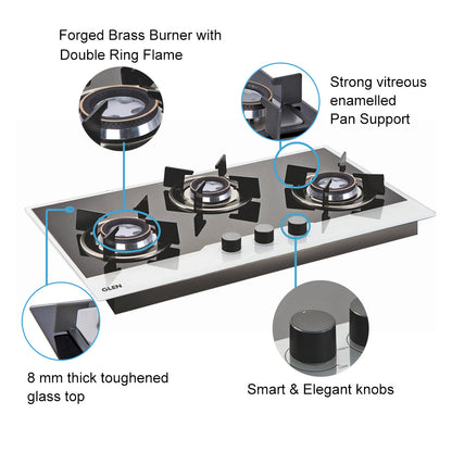 Black & White 3 Burner Glass Hob Top 73 CM Wide