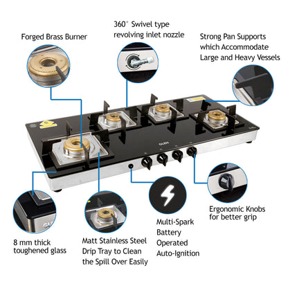 4 Burner Glass Gas Stove Extra Wide 1 High Flame 3 Forged Brass Burner Auto Ignition (1049 SQGT FB AI)