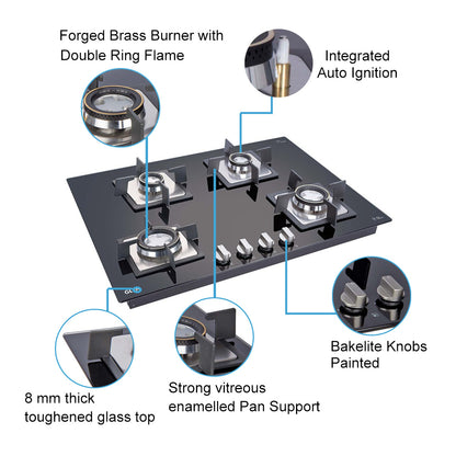 4 Burner Glass Hob Top with Double Ring Forged Brass Burner Auto Ignition (4B70SQHTDB)