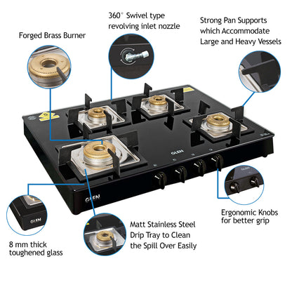 4 Burner Glass Gas Stove 1 High Flame 3 Forged Brass Burner 70 CM Black(1048 GT SQBLFB)