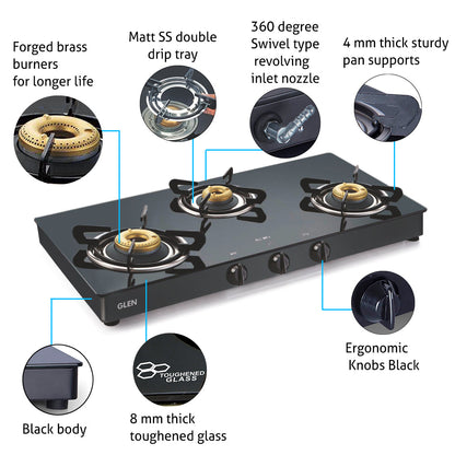 3 Burner Glass Gas Stove with High Flame Forged Brass Burner Double Drip Tray Black (1038GTFBDDBL) - Manual/Auto Ignition