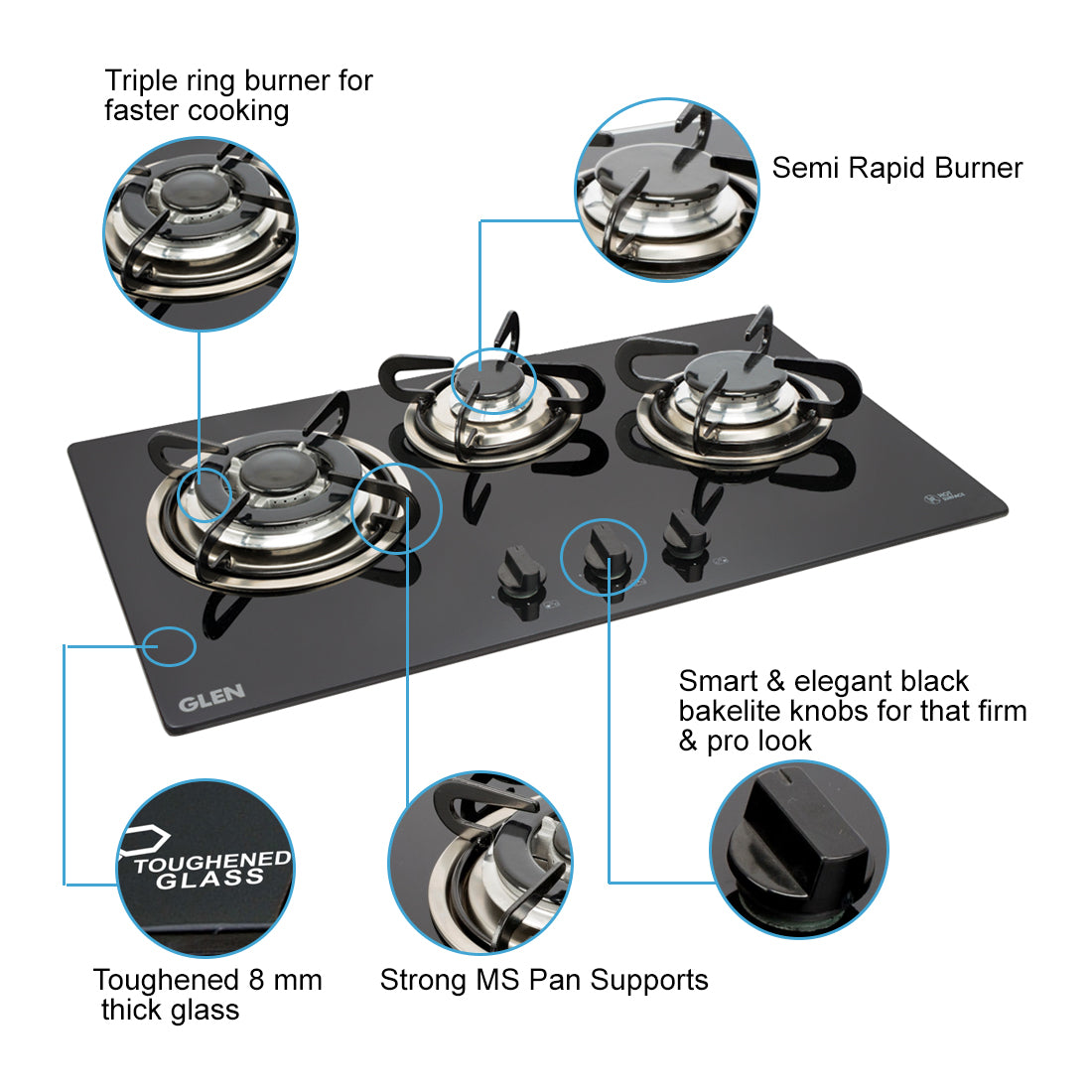 3 Burner Built in Glass Hob Triple Ring Burner European Sealed Burner Auto Ignition (1073 TR)