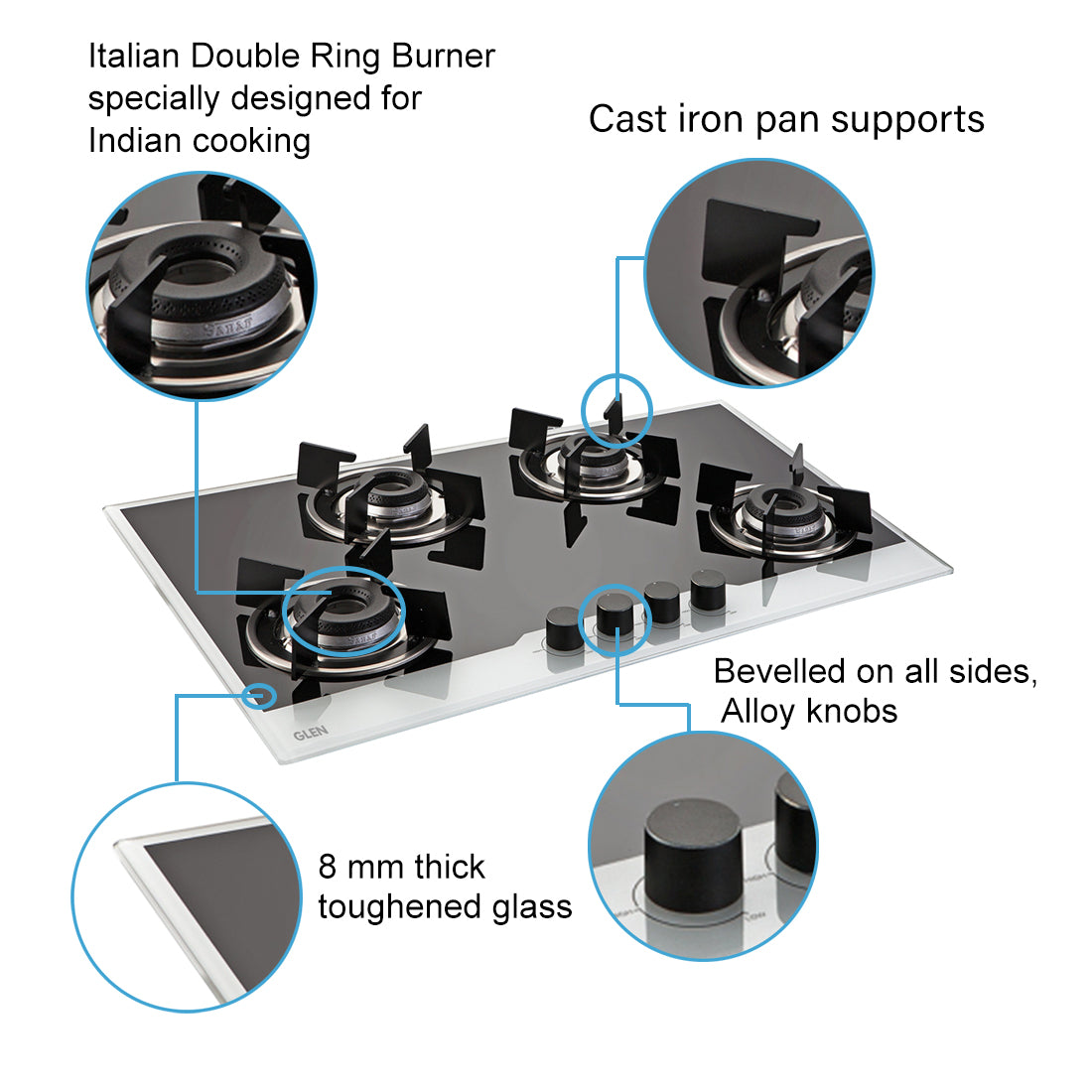 4 Burner Built-in Glass Hob with Italian Double Ring Burners Auto Ignition (1074 IN BW)