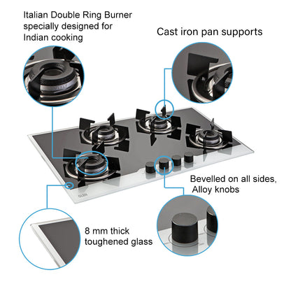 4 Burner Built-in Glass Hob with Italian Double Ring Burners Auto Ignition (1074 IN BW)