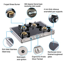 4 Burner Glass Gas Stove Mirror Finish 1 High Flame 3 Forged Brass Burners Auto Ignition 70 CM (1048GT FBMAI)