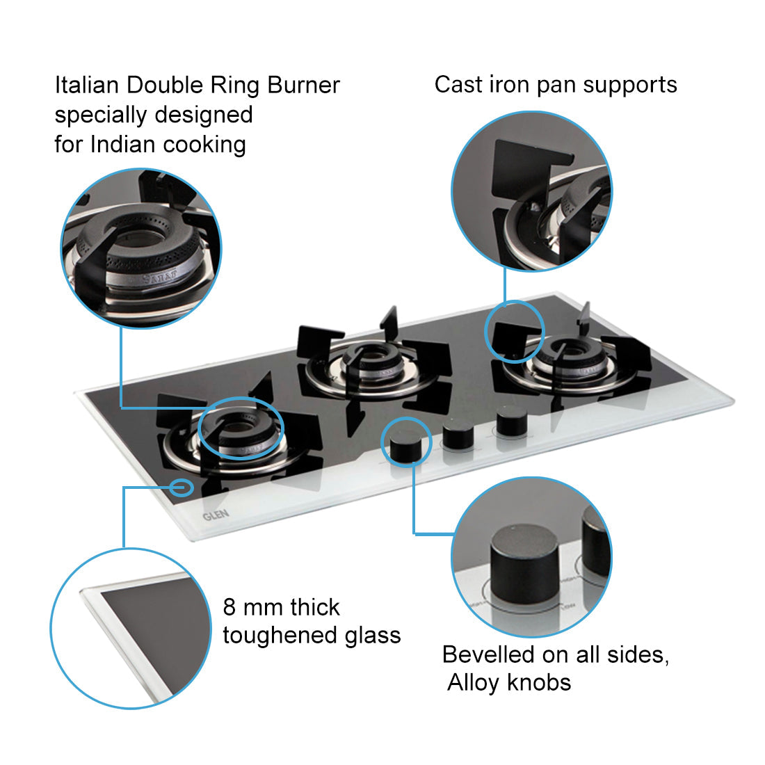 3 Burner Built In Glass Hob with Italian Double Ring Burners Auto Ignition (1073 IN BW)