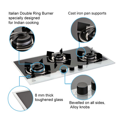 3 Burner Built In Glass Hob with Italian Double Ring Burners Auto Ignition (1073 IN BW)