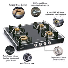 4 Burner Glass Gas Stove Mirror Finish 1 High Flame 3 Forged Brass Burner 60 CM Black (1042 GT FBM BL)