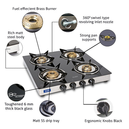 4 Burner LPG Glass Gas Stove Junior with Brass Burner - CT1040GTJUBB
