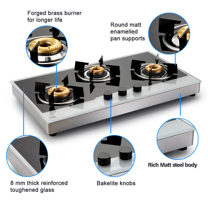 3 Burner Free Standing Hob with Forged Brass Burners Auto Ignition (1073 FSF BBW AI)